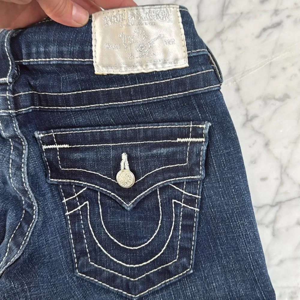 NWOT True Religion Becky Womens Size 24 Bling Blue Denim Jeans Button Pocket